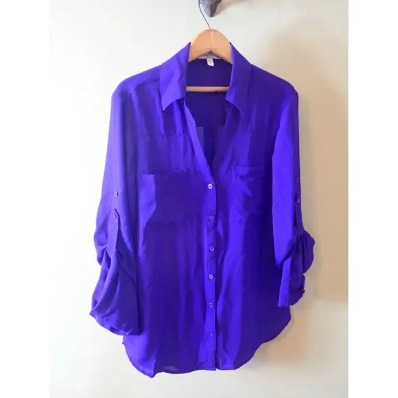 Express Portfolio Shirt Blouse Slim Fit Small Petite Purple Blue Button Front - Picture 1 of 7